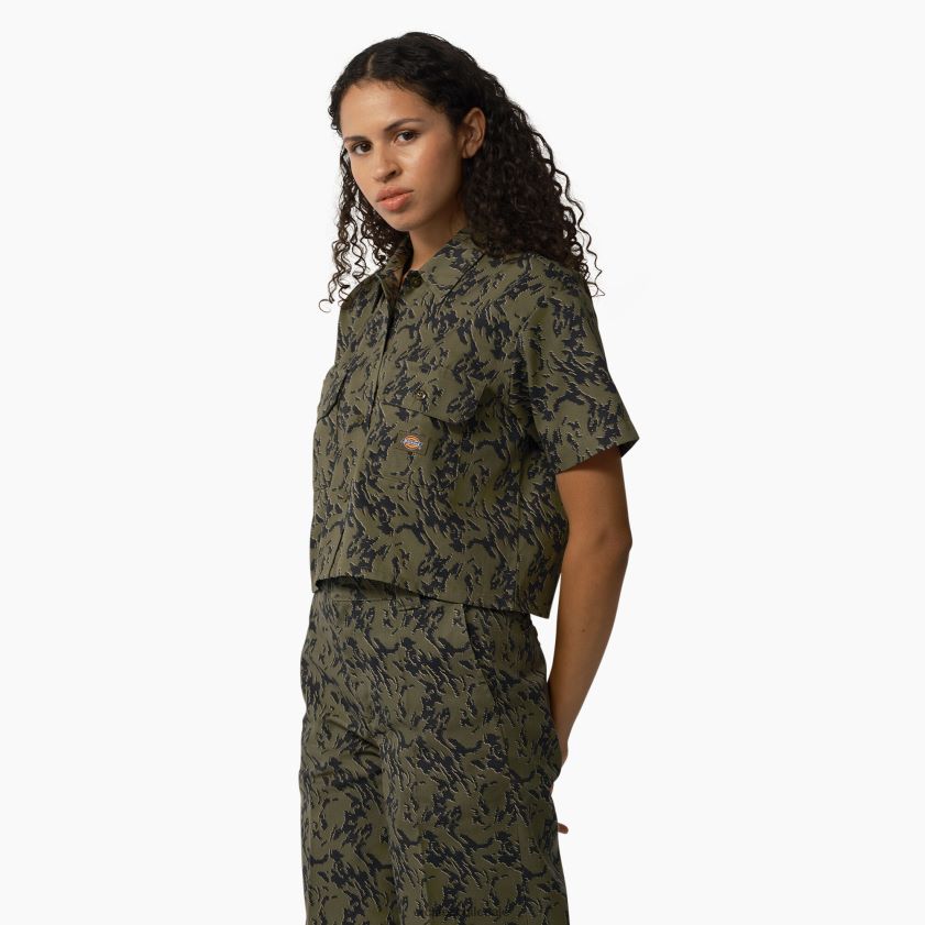 camuflaje verde militar glitch (mpe) mujer camisa de trabajo corta de camuflaje de Drawsey Dickies ropa de trabajo X4H0F2106