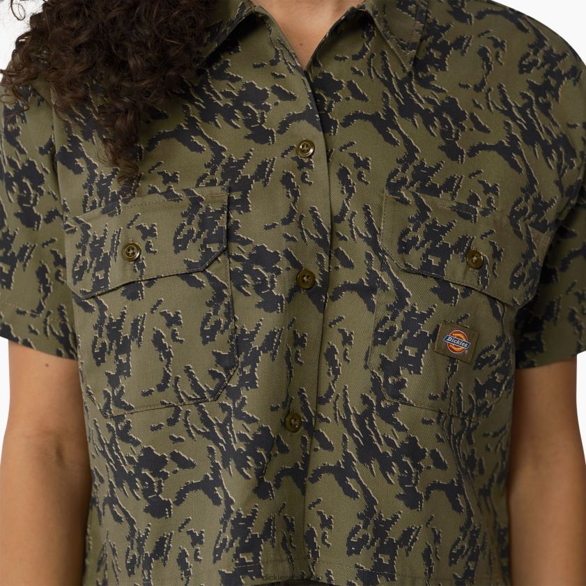 camuflaje verde militar glitch (mpe) mujer camisa de trabajo corta de camuflaje de Drawsey Dickies ropa de trabajo X4H0F2106