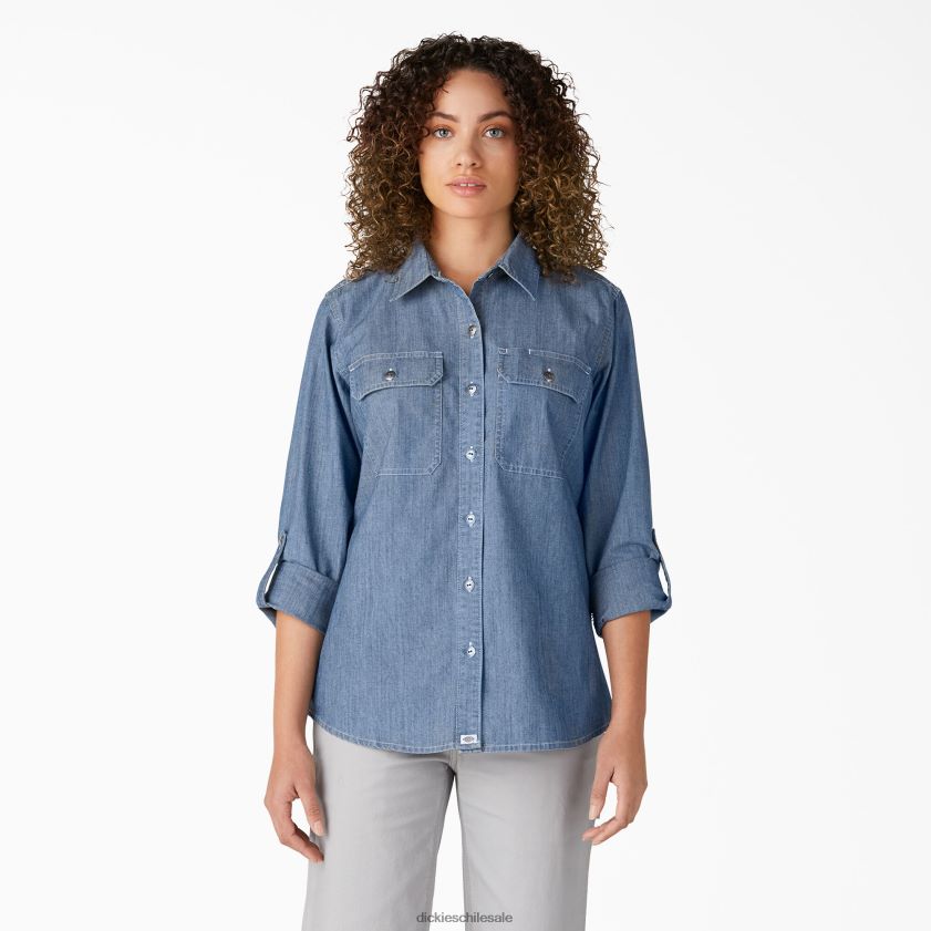 azul claro lavado a la piedra (lsw) mujer camisa de trabajo de cambray con lengüeta enrollable de manga larga Dickies ropa de trabajo X4H0F2045