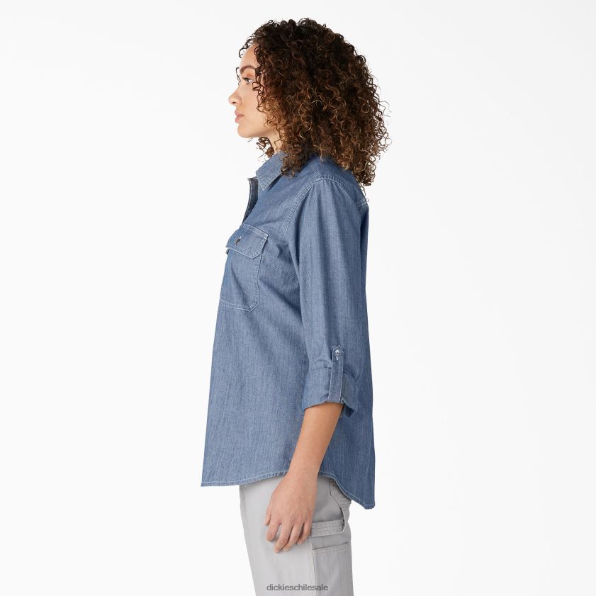 azul claro lavado a la piedra (lsw) mujer camisa de trabajo de cambray con lengüeta enrollable de manga larga Dickies ropa de trabajo X4H0F2045