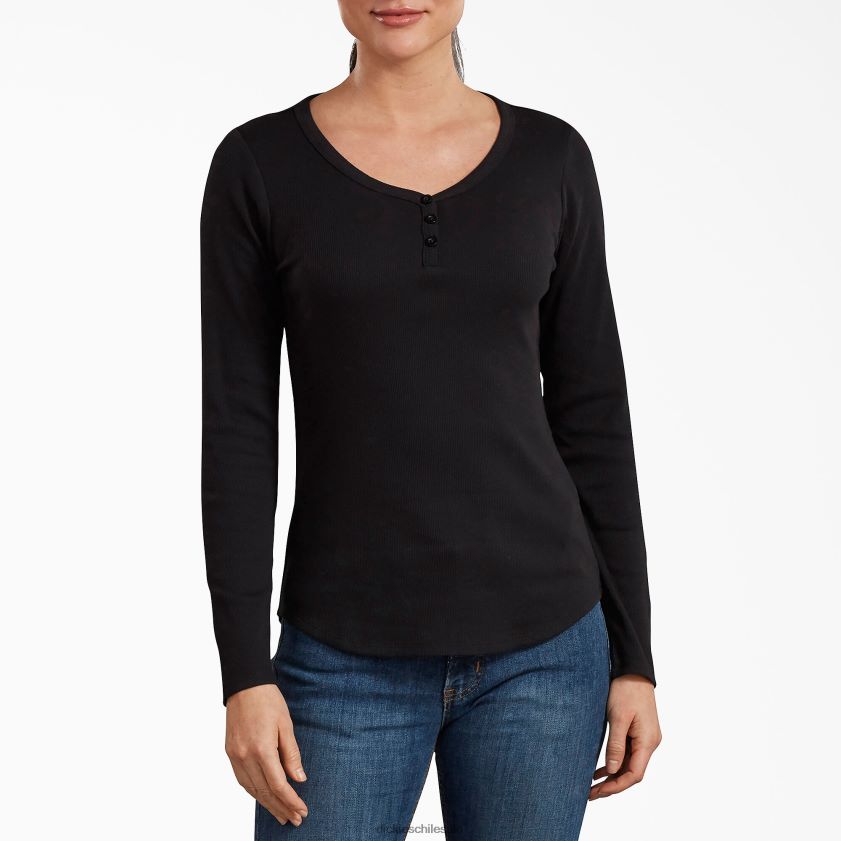 negro (kbk) mujer camisa de manga larga con cuello henley Dickies ropa de trabajo X4H0F2122