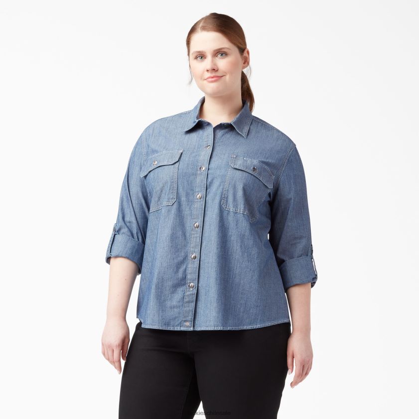 azul claro lavado a la piedra (lsw) mujer camisa de trabajo con lengüeta enrollable de manga larga de cambray plus Dickies ropa de trabajo X4H0F2125